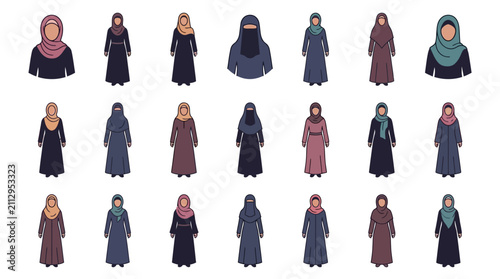 Fotografía Industrial Style Set of 18 Diverse Modest Female Outfits with Various Hijabs Niq