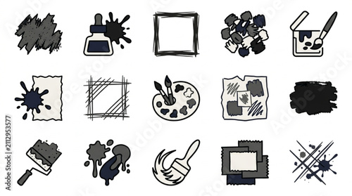 Black and white art and painting tools icons set.