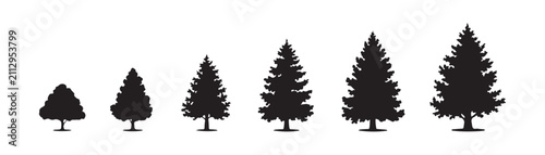 Quadro su tela Series of realistic black pine tree silhouettes in various sizes for natural landscape and forest scene creations