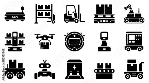 Automated Guided Vehicle AGV Smart Warehouse Logistics and Delivery Robots Vector Icons
