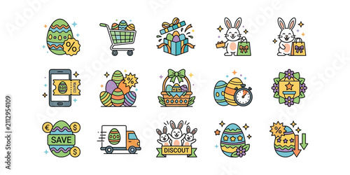 Set of Easter shopping and discount icons with cute bunnies and decorated eggs.