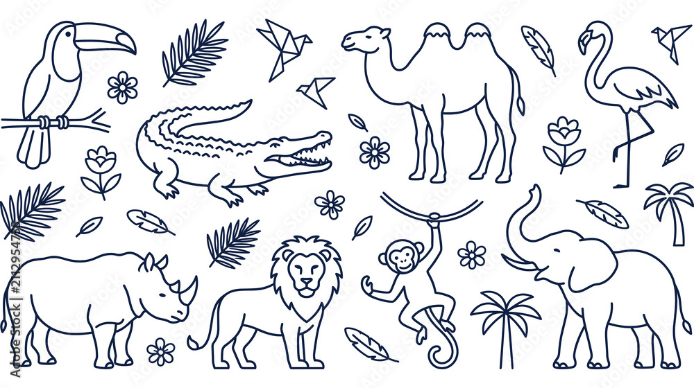 Obraz premium Wildlife animals line art collection including elephant lion rhino camel toucan and monkey.