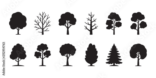Foto Collection of black tree silhouettes vector, different types of trees for graphic design
