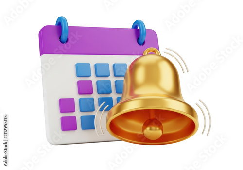 3d icon of golden ringing bell next to a calendar with colorful squares, isolated on transparent background