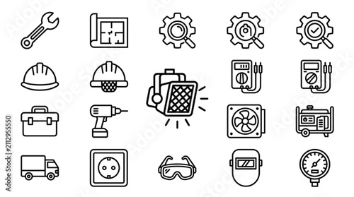 Canvastavla Black and white line art icons of industrial tools and equipment.