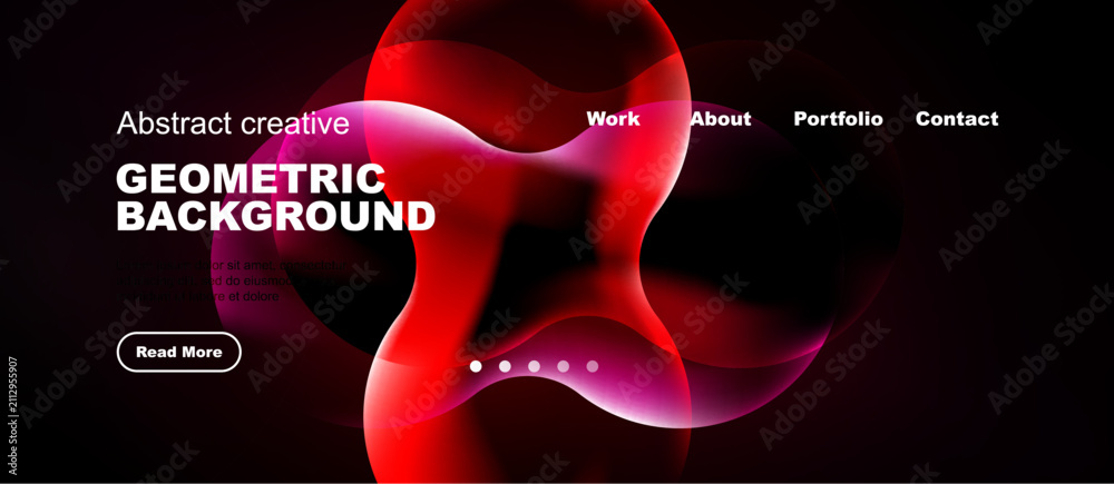 Naklejka premium Dynamic abstract background features vibrant red shapes, dark tones. Website header includes navigation options, text elements.