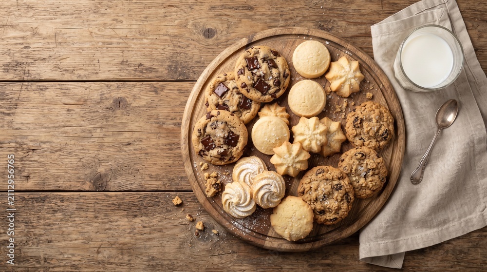 Fototapeta premium Assorted Cookies with Fresh Milk Flat Lay
