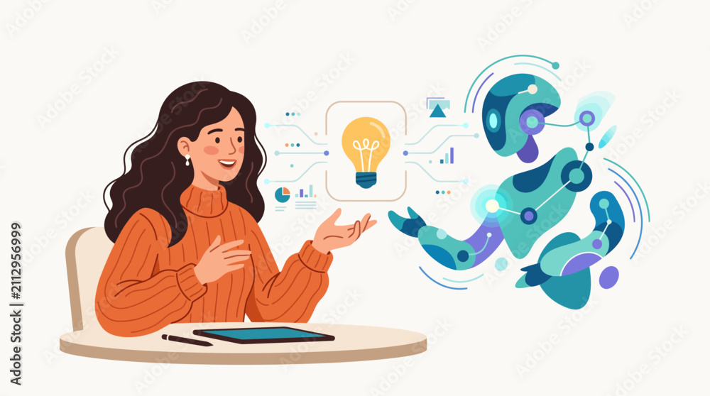 Naklejka premium Woman brainstorming new idea with artificial intelligence robot concept vector illustration