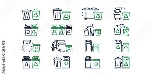 Set of hand drawn recycling and trash bin icons for waste management.