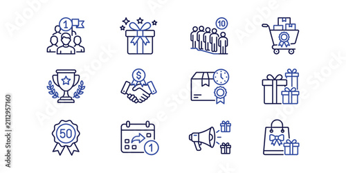Set of line icons representing business loyalty and rewards.