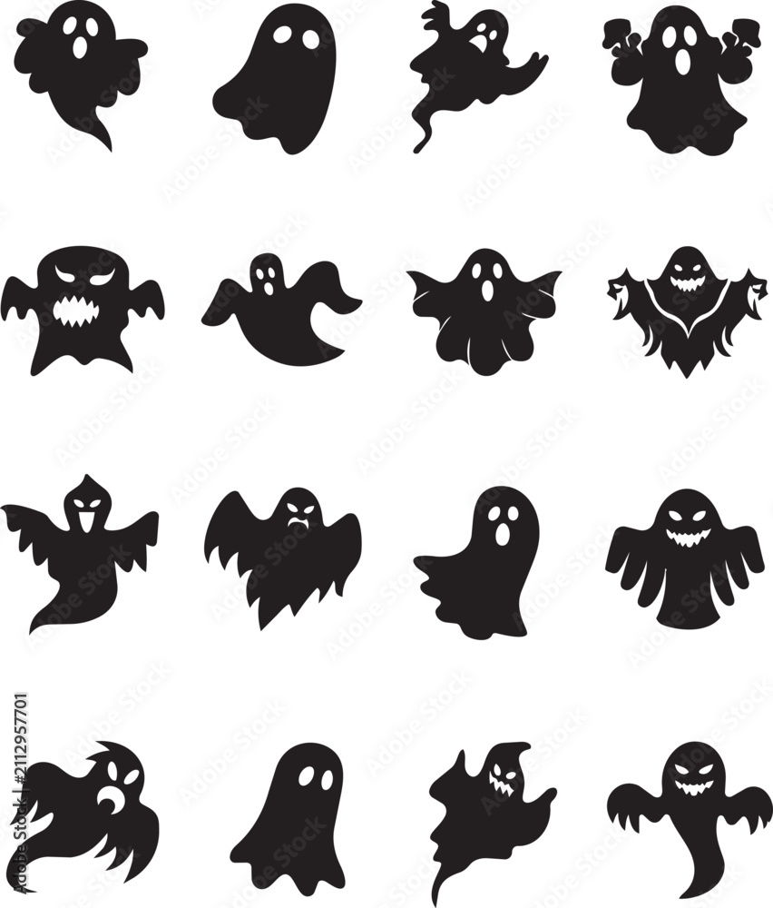 Obraz premium Diverse collection of black ghost silhouettes featuring various spooky and friendly spirits ideal for Halloween graphic design and seasonal projects