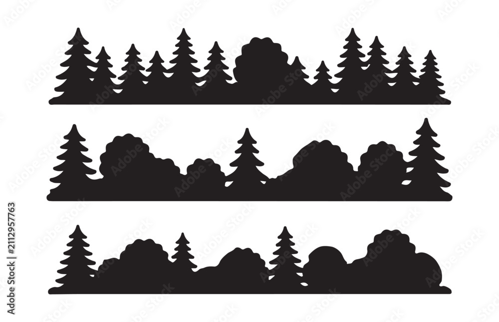 Obraz premium Set of tree forest and mountain silhouette on transparent background, landscape vector illustration.