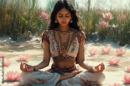 Indian girl practicing lotus meditation by the beach surrounded by lotus flowers during a serene sunset