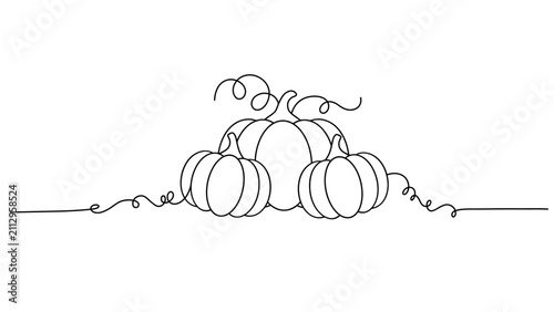Minimalist Line Art: Three Pumpkins with Swirling Vines, Autumn Harvest Theme
