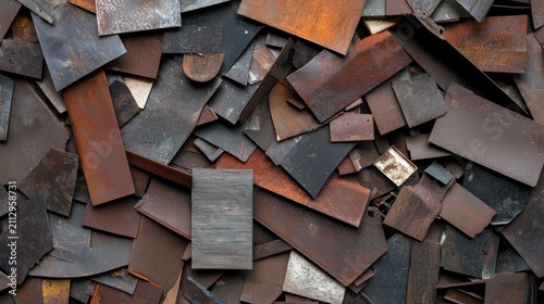 chaotic pile of rusted and weathered metal sheets and plates overlapping in various shapes and sizes.