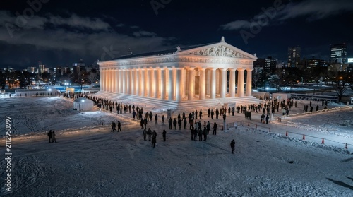 Colossal replica historic temple monument architecture sculpture completely carved out of pristine snow block walls rows at night
