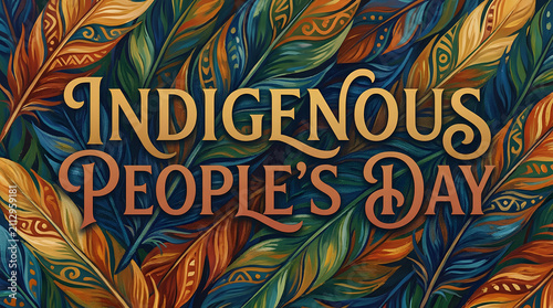 Indigenous Peoples Day text on colorful feather pattern.