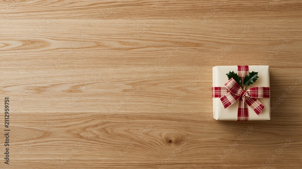 Fototapeta premium Wrapped Christmas Gift Box with Red Ribbon on Wooden Table Top View
