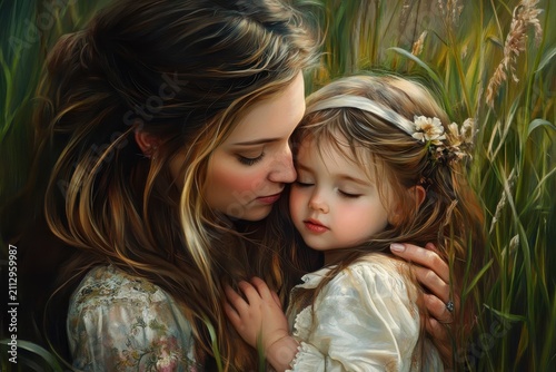 Mom shares a loving embrace and kiss with her daughter in a tranquil natural setting surrounded by tall grass and soft sunlight