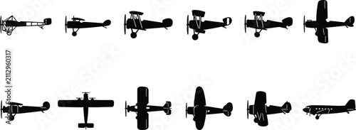 Foto Black vintage airplane silhouette collection, biplane and monoplane icons, aviat