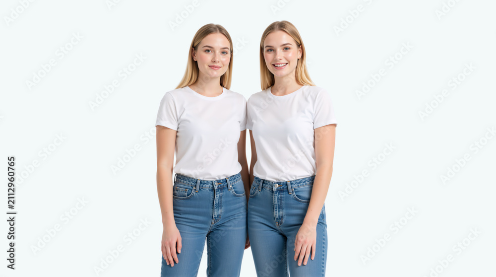 Fototapeta premium Portrait of twin sisters in matching white t-shirts and blue jeans. Two young blonde women smiling against a white background. Casual fashion mockup