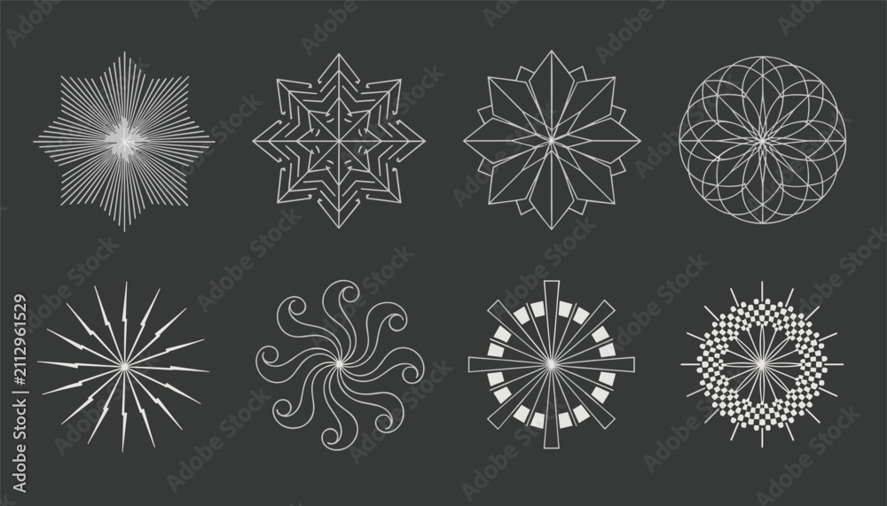 Obraz premium Set of eight circular geometric abstract shapes and detailed white snowflakes isolated on a dark gray background.