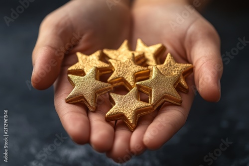 Hands holding golden stars symbolizing service excellence and high-quality customer care recognition at a team achievement event