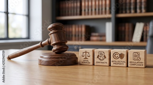 Wooden gavel and legal service concept blocks on lawyer desk.