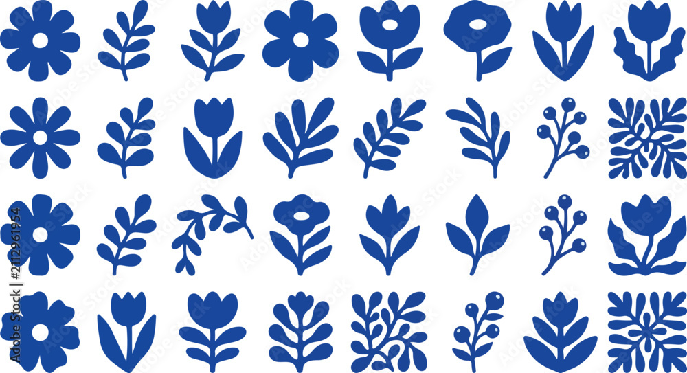 Fototapeta premium Scandinavian Folk Floral Elements Blue Flower and Leaf Botanical Vector Clipart Set