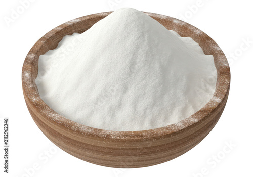 3d icon of wooden bowl filled with white granular sugar isolated on transparent background