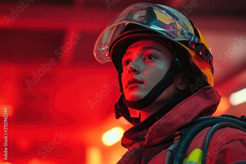 Intense focus of a firefighter during training with dramatic lighting in the background