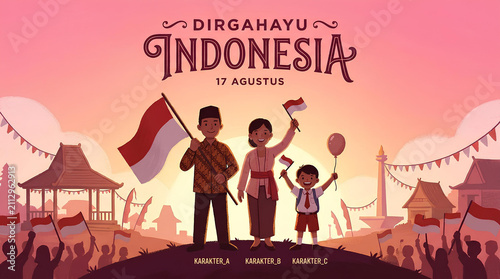 Indonesia Independence Day celebration with family and flag.