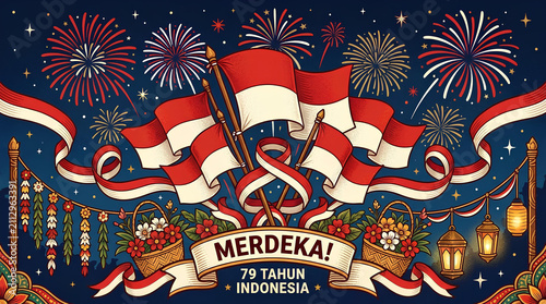 Indonesia Independence Day celebration with flags and fireworks at night
