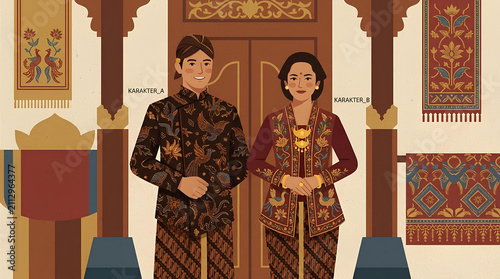 Indonesian couple in traditional Javanese batik wedding attire.
