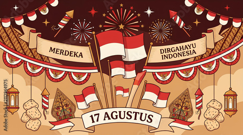 Indonesian Independence Day banner with national flags.