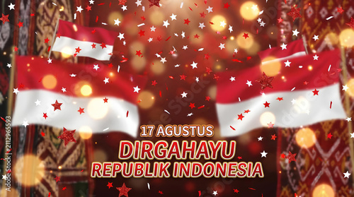 Indonesian Independence Day celebration with flags and festive confetti