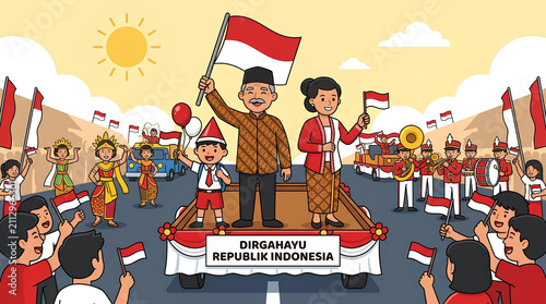 Indonesian Independence Day parade cartoon illustration.