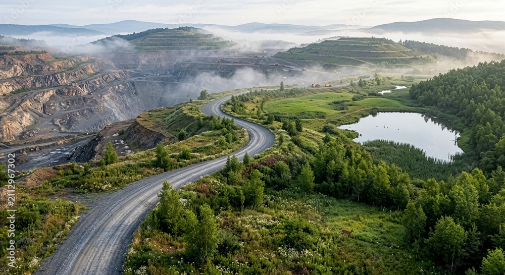 Fototapeta premium Aerial view of reclaimed mine landscape with restored nature, forest and lake