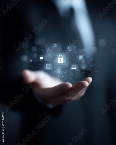 businessman holding holographic personal data protection icons and digital privacy policy interface