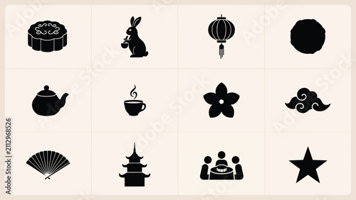 Elegant minimalist icons with displays refined collection twelve high contrast black silhouettes representing traditional motifs nature social gatherings