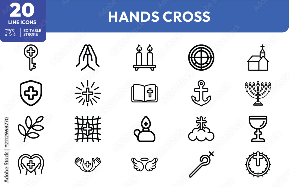 Obraz premium Sacred Motifs set. Crosses, prayer hands, candles, church, menorah, chalice, and religious symbols. Editable stroke. Vector illustration.