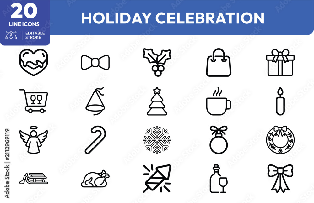 Obraz premium Holiday Festive set. Gift, bow, holly, cart, champagne glass, Chrmas tree, mug, candle, angel, candy cane, snowflake, ornament, wreath, fireplace, turkey, snow. Editable stroke. Vector illustration.