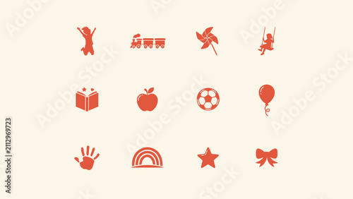 Konstfotografi Bright minimalist playtime childhood activity icons set on light background with