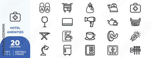 Guestroom amenities set. Slippers, luggage, hair dryer, coffee maker, safety deposit box, toiletries, iron, kettle, cart, robe, alarm clock, suitcase, and. Editable stroke. Vector illustration.