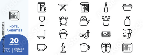 Travel amenities set. luggage, toiletries, coffee maker, ironing board, safety deposit box, hair dryer, slippers, alarm clock, wine bottle, and cart. Editable stroke. Vector illustration.