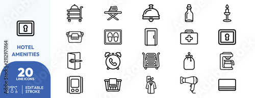 Hotel Amenities set. luggage, slippers, toiletries, safety deposit box, iron, kettle, alarm clock, wine bottle, robe, cart. Editable stroke. Vector illustration.
