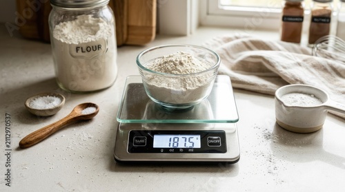 A digital scale measures flour in a glass bowl and a jar. A wooden spoon rests nearby.