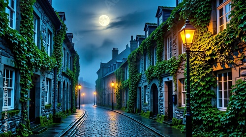 Old town cobblestone street at night under full moon. Stone buildings covered in green ivy lining empty road with vintage glowing lamps. Magical atmosphere in historic european village. Mysterious
