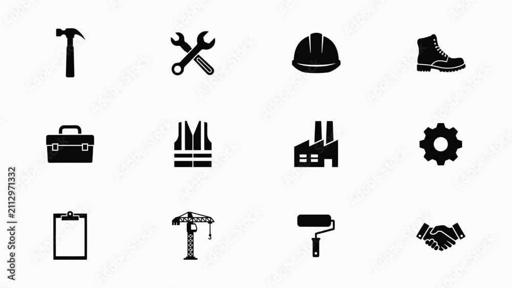 Fototapeta premium Minimalist black construction and industrial equipment icon set collection with representing essential construction twelve distinct black contrast grid twelve