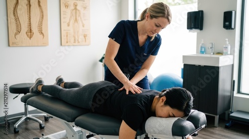 A healthcare professional is providing spinal manipulation to a patient on a chiropractic table. The therapist is kneeling and gently applying pressure to the patient's back.